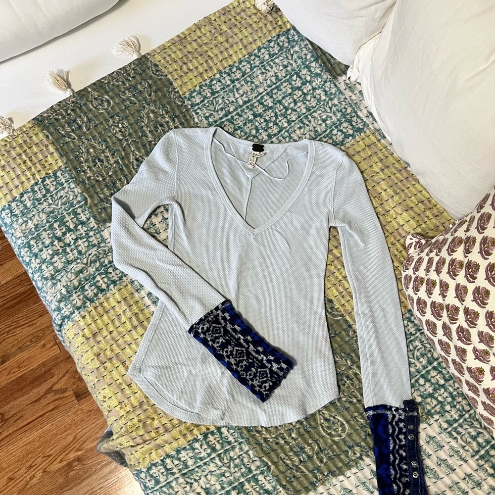 We The Free Light Blue Long Sleeve Top with Navy Accents
